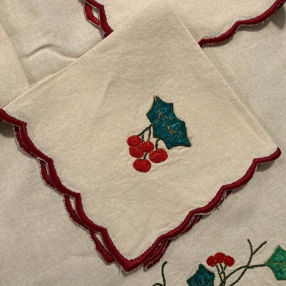 Mid Century Linen Blend Embroidered Metallic Ribbon Holly Tablecloth & Napkins - Picture 9 of 9